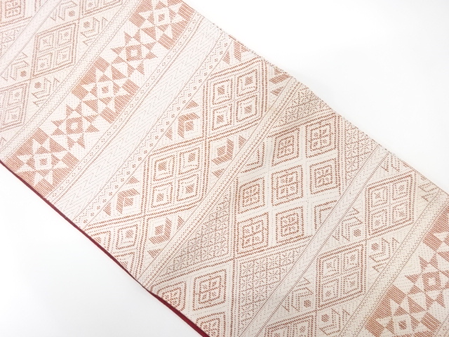 アンティーク　綿紬　横段に幾何学模様織り出し全通袋帯（材料）